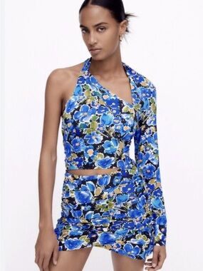 Zara Blue Floral One-Shoulder Blouse